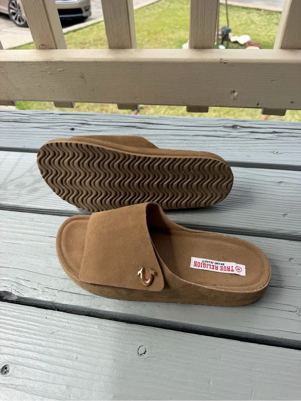 True Religion Suede Slide Sandals in Tan